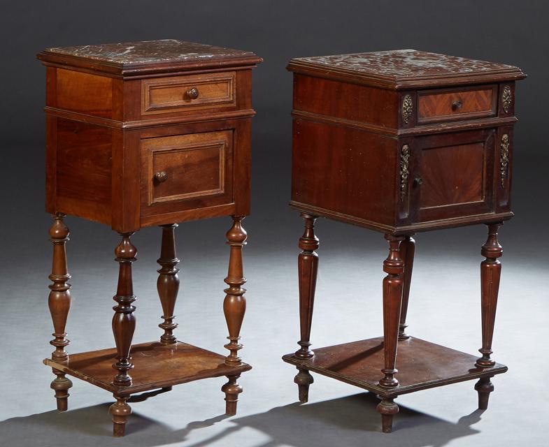 Near Pair of French Carved Walnut Marble Top Nightstands, early 20th c., the inset highly figured (1 of 1)