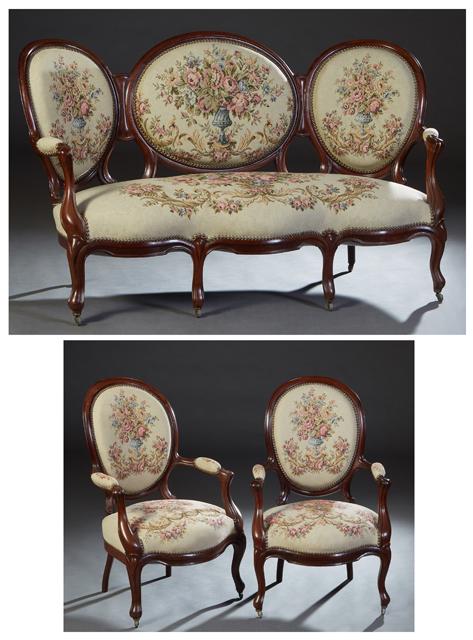 French Louis Philippe Three Piece Carved Cherry Parlor Suite, late 19th c., consisting of a settee (1 of 3)