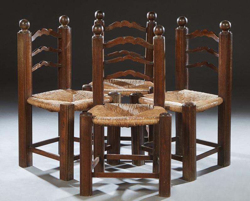 Set of Four French Provincial Carved Oak Rush Seat Dining Chairs, 19th c., the arched ladder back (1 of 1)