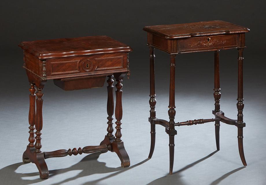 Two French Louis Philippe Carved Oak Travailleuses, 19th c., one of cherry, the shaped lifting lid (1 of 2)