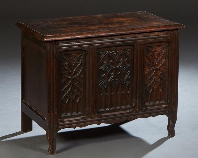 French Provincial Carved Walnut Marble Top Nightstand, early 20th c., the inset highly figured (1 of 2)