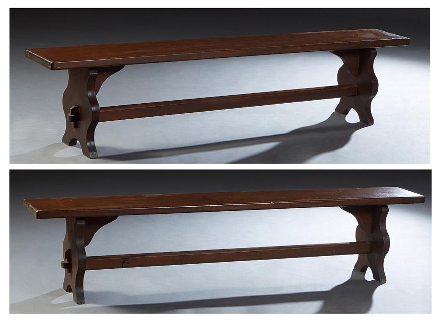 Pair of French Provincial Carved Oak Benches, early 20th c., the thick rectangular top on shaped (1 of 3)
