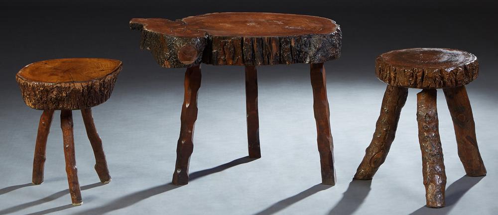 French Provincial Rustic Oak Coffee Table and Two Matching Stools, composed of thick cross section (1 of 1)