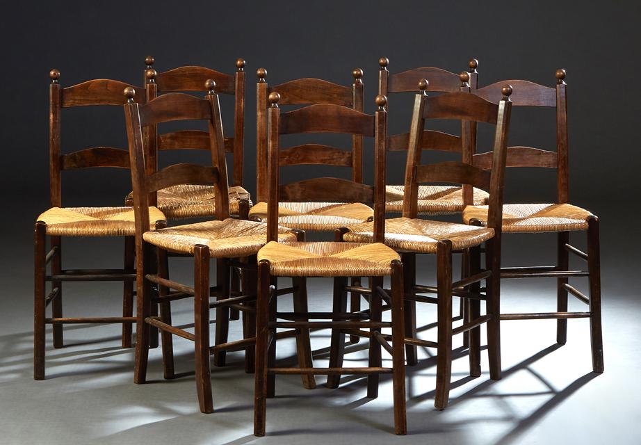 Set of Eight French Provincial Carved Beech Rush Seat Dining Chairs, early 20th c., the arched (1 of 1)