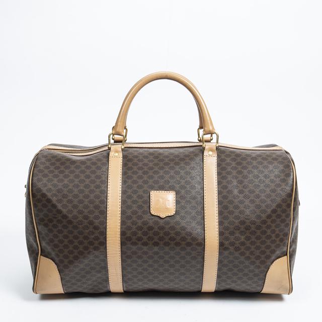 Celine Weekender Duffle Bag, in brown macadam coated canvas with golden hardware, opening to a brown (1 of 7)