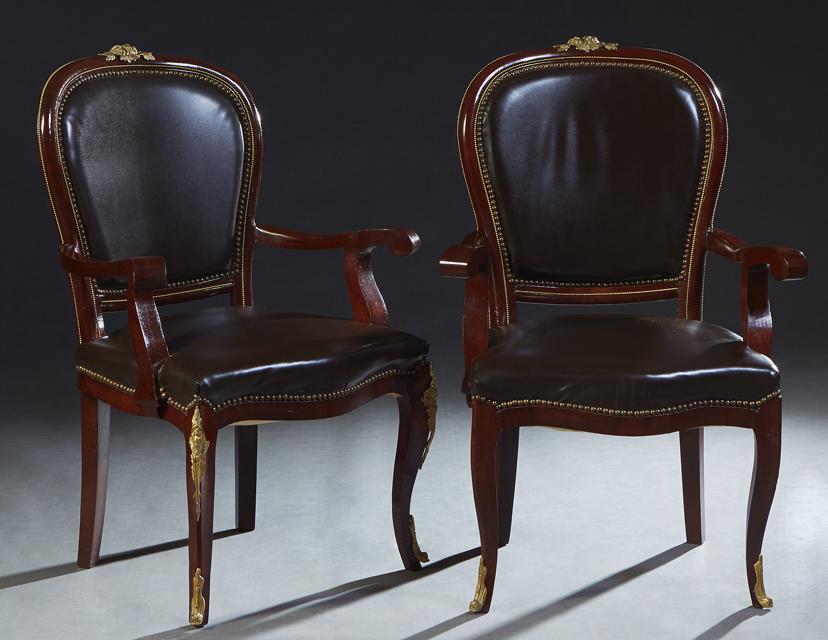 Pair of Ormolu Mounted Carved Mahogany Louis XV Style Armchairs, 20th c., the wide curved brown (1 of 1)