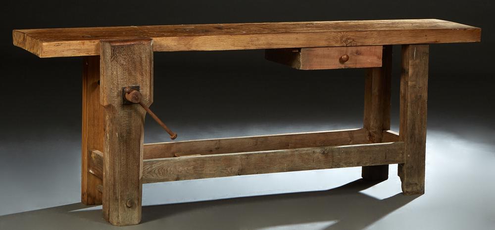 French Provincial Carved Beech Cabinet Maker's Work Bench, 19th c., the thick top on square block (1 of 8)