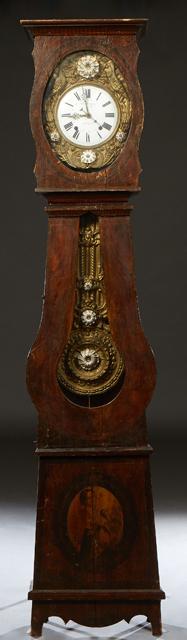 French Provincial Faux Bois Carved Pine Tallcase Clock, 19th c., the ogee crown over a floral and (1 of 1)