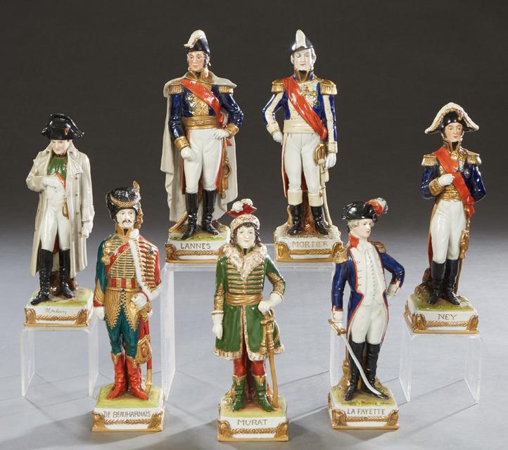 Seven Polychromed Porcelain Sitzendorf Figures of French Military Generals, 20th c, including (1 of 2)