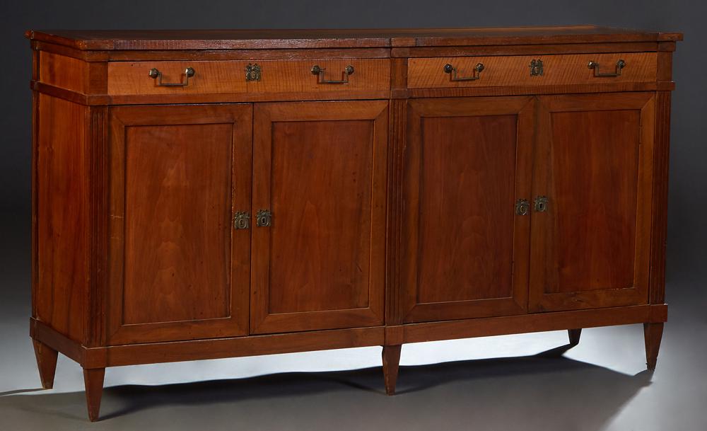 French Louis XVI Style Carved Cherry Sideboard, 20th c., the banded rectangular top over two large (1 of 1)