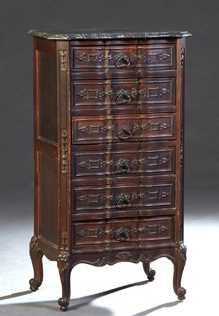 Louis XV Style Carved Walnut Marble Top Commode, 20th c., the serpentine ogee edge highly figured (1 of 1)