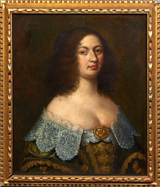 Continental School, "Portrait of a Lady," 18th c., oil on canvas, unsigned, canvas stenciled, "JB: Continental School, "Portrait of a Lady," 18th c., oil on canvas, unsigned, canvas stenciled, "JB Stuart and Son, Chapel Hill, N.C." en verso, presented in a gilt frame, H.- 24 7/8 in., W.- 20 3/4 in.