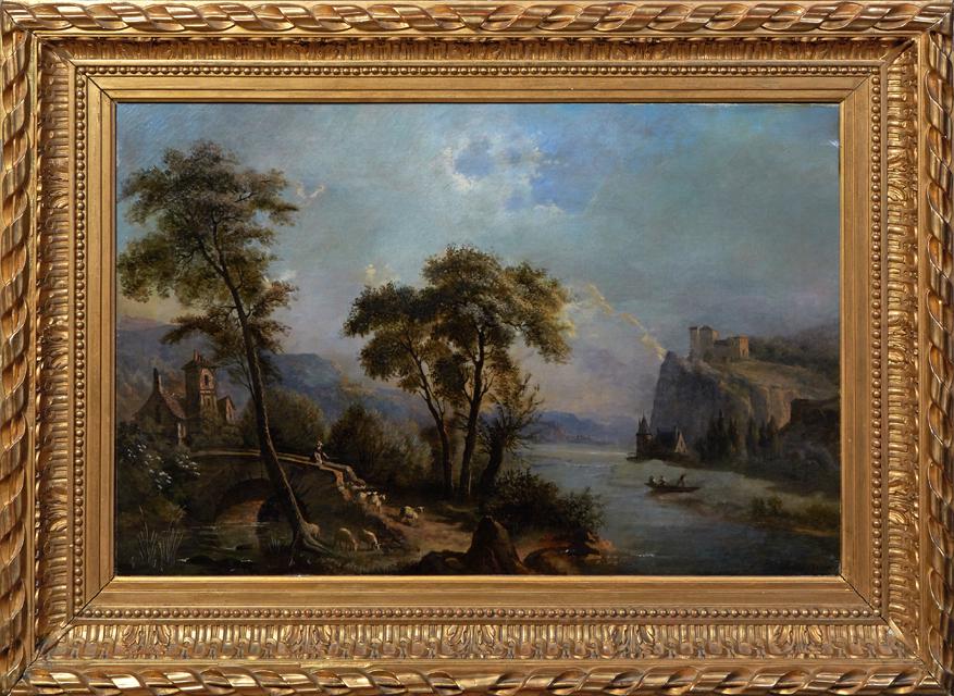 Lucien Fevrier (French), "Romantic Pastoral Landscape," c. 1877, oil on canvas, signed and dated: Lucien Fevrier (French), "Romantic Pastoral Landscape," c. 1877, oil on canvas, signed and dated lower right, with a faded canvas supplier stamp from Tours en verso, presented in a gilt and gesso fram