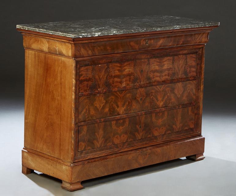 Louis Philippe Carved Walnut Marble Top Commode, 19th c., the reeded edge rounded corner figured (1 of 3)