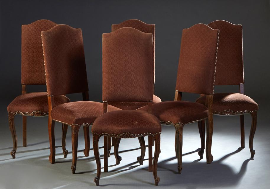 Set of Six Louis XV Style Carved Oak Dining Chairs, 20th c., the canted arched high back over a (1 of 1)
