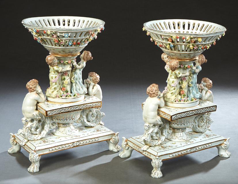 Pair of Dresden Style Porcelain Figural Center Bowls, 20th c., the tapered reticulated floral (1 of 4)