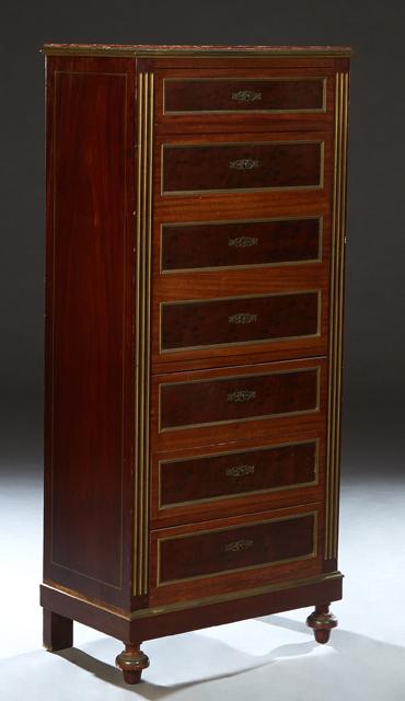 French Ormolu Mounted Carved Walnut Marble Top Louis XVI Style Semainier, 19th c., the inset highly (1 of 1)