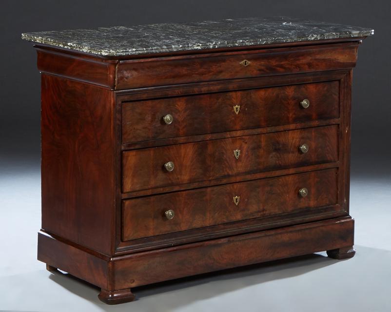 French Louis Philippe Carved Walnut Marble Top Commode, 19th c., the reeded edge rounded corner (1 of 1)