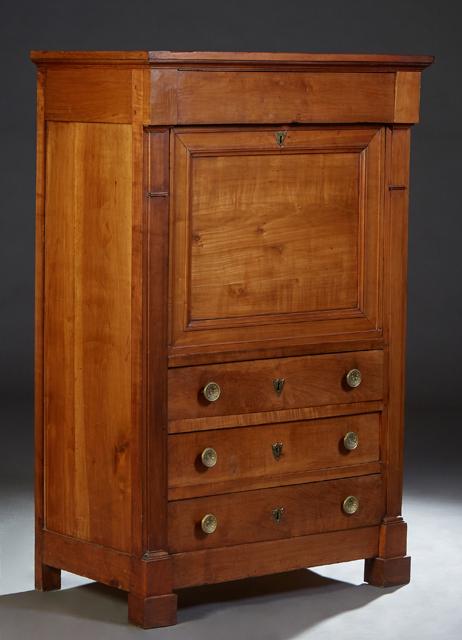French Empire Style Carved Cherry Secretary Abattant, 19th c., the stepped rectangular top over a (1 of 2)