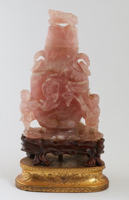 Chinese Carved Rose Quartz Covered Vase, early 20th c., the figural carved animal lid, over floral (1 of 1)