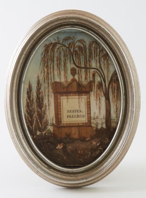 French Hairwork Memento Mori, 19th c., mixed media on paper, with the words "Precious Remains" (1 of 3)
