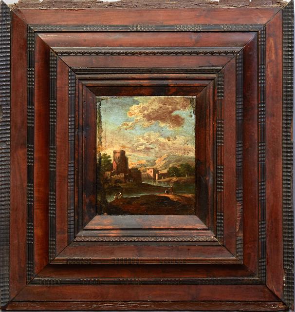 Continental School, "Landscape with Castle," 18th c., oil on canvas, unsigned, presented in a wood (1 of 3)