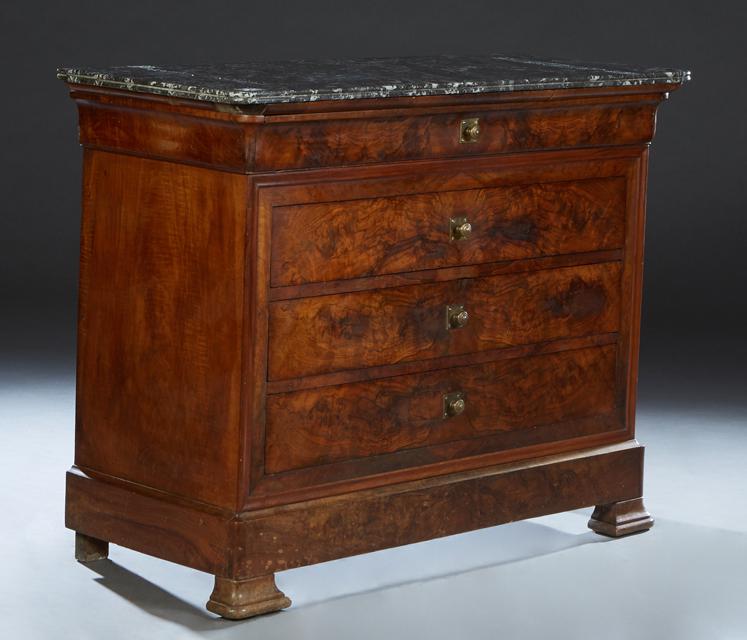French Louis Philippe Carved Walnut Marble Top Commode, 19th c., the reeded rounded corner and edge (1 of 1)
