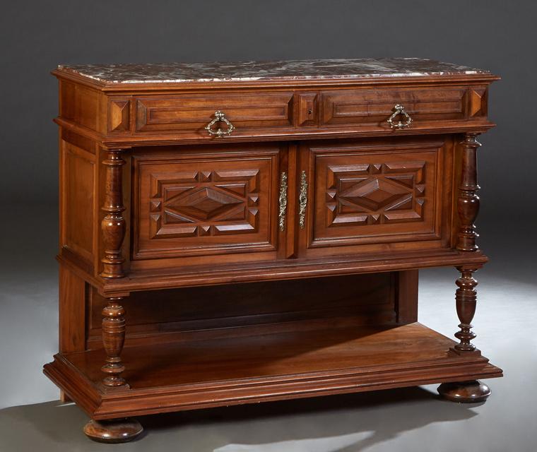 French Henri II Style Carved Walnut Marble Top Serving Trolley, c. 1880, the inset highly figured (1 of 1)