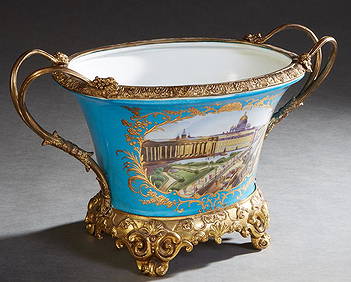 Sevres Style Gilt Bronze Mounted Porcelain Handled Center Bowl, 20th c., the sloping bleu de celeste (1 of 5)