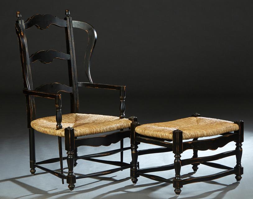 French Provincial Style Polychromed Mahogany Rush Seat Fauteuil, 20th c., the wide carved winged (1 of 1)