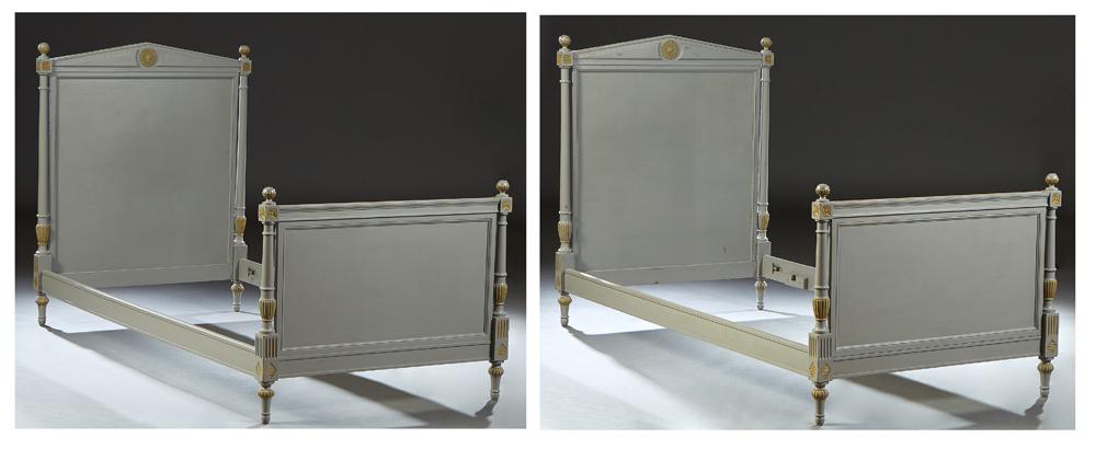Pair of French Polychromed Louis XV Carved Beech Beds, early 20th c., with peaked headboards flanked (1 of 14)