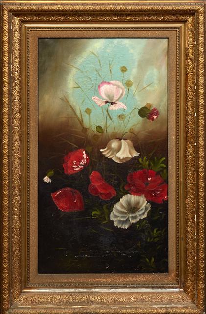 Continental School, "Still Life of Poppies," 19th c., oil on canvas, unsigned, presented in a gilt (1 of 3)