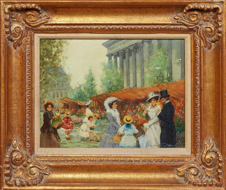 Continental School, "Parisian Flower Market, La Madeliene," 20th c., oil on canvas, signed: Continental School, "Parisian Flower Market, La Madeliene," 20th c., oil on canvas, signed indistinctly lower right, presented in a gilt frame, H.- 11 1/4 in., W.- 15 1/4 in., Framed H.- 19 1/2 in., W