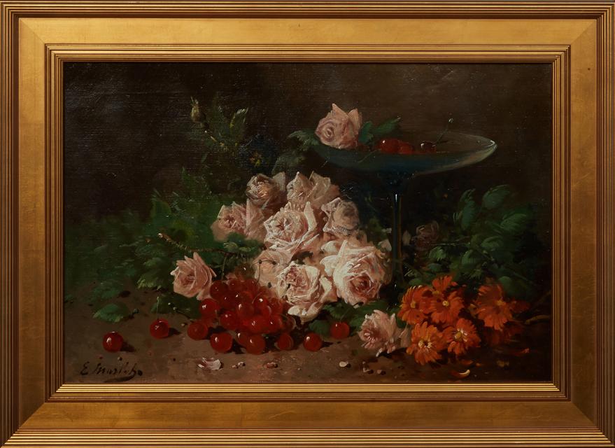 Henri Schouten (1857-1927, Belgian), "Still Life of Flowers and Cherries," late 19th/early 20th c., (1 of 4)
