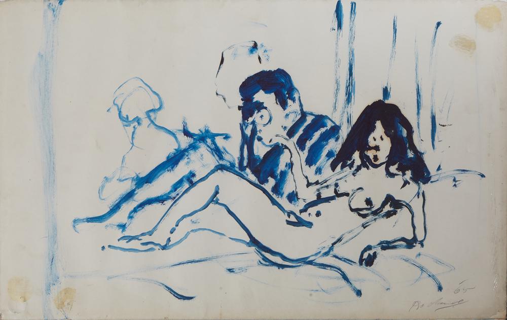 Noel Rockmore (1928-1995, New Orleans), "Reclining Nude on Bed with Man," 1965, gouache on paper,: Noel Rockmore (1928-1995, New Orleans), "Reclining Nude on Bed with Man," 1965, gouache on paper, signed and dated in pencil lower right, unframed, shrink-wrapped H.- 14 1/2 in., W.- 23 in.