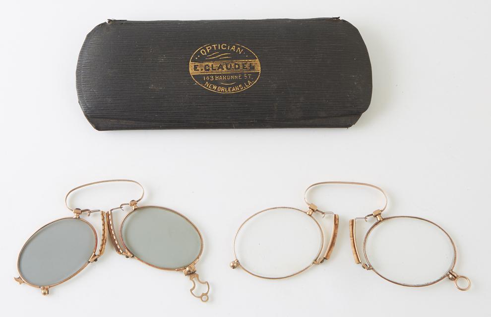 2 Pair of 14K Yellow Gold Pince Nez Glasses, early 20th c., in a period carrying case marked: 2 Pair of 14K Yellow Gold Pince Nez Glasses, early 20th c., in a period carrying case marked "E. Claude Optical, New Orleans".