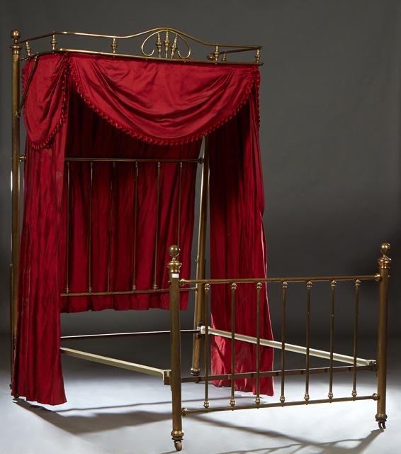English Brass Plated Iron Double Canopy Bed, c. 1900, the arched spindled baldequin with red velvet (1 of 5)