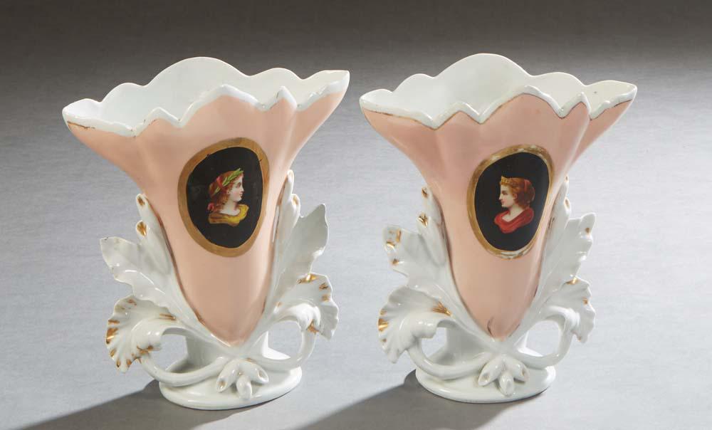 Pair of Old Paris Style Porcelain Flare Vases, 19th c., with gilt bordered portraits of ladies, on a (1 of 2)
