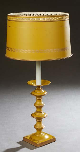 Polychromed Tole Candlestick Lamp, 20th c., with a white glass diffuser and a polychromed tapered me (1 of 3)