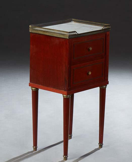 French Louis XVI Style Carved Mahogany Marble Top Nightstand, 20th c., the brass galleried top with (1 of 1)