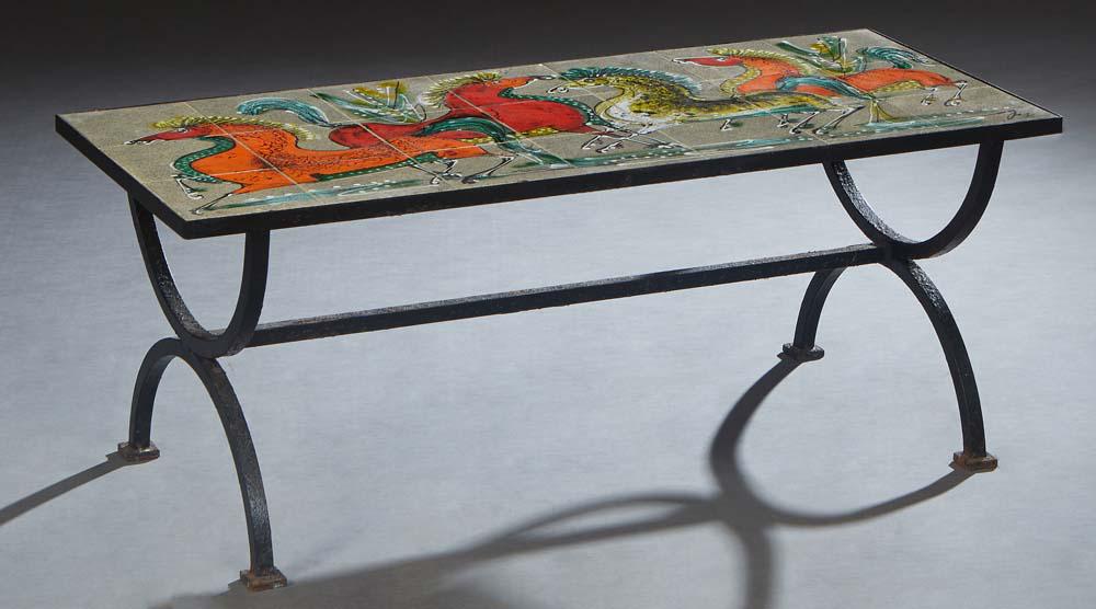 French Wrought Iron Tile Top Coffee Table, 20th c., the rectangular tile top painted with four (1 of 2)
