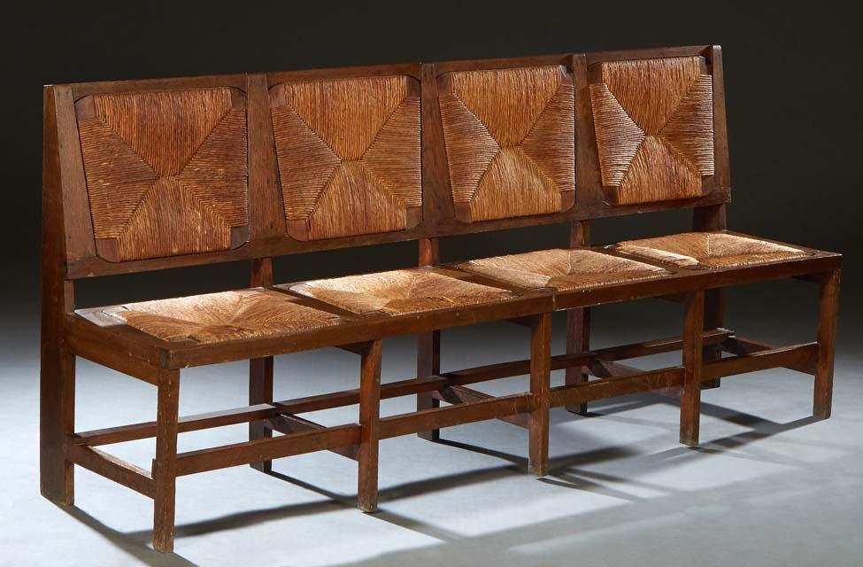 Unusual French Provincial Carved Oak Rushseat Bench, early 20th c., the rectangular back with four (1 of 15)
