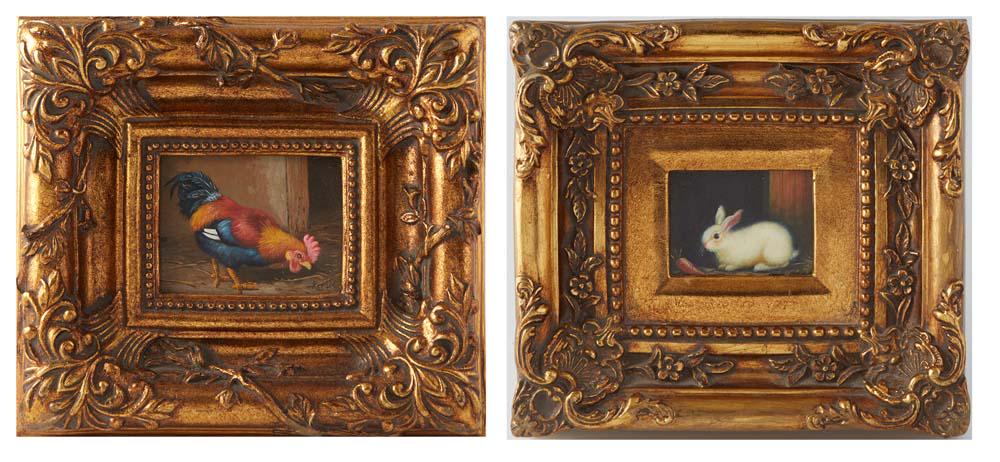 Two Miniature Paintings, Renate Bell (1939-2019, Texas/Oklahoma), "The Rooster," 2004, oil on board, (1 of 10)