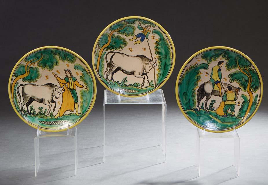 Three Spanish Ceramic Plates, 20th c., Talavera, with hand painted decoration, two with bulls and (1 of 2)
