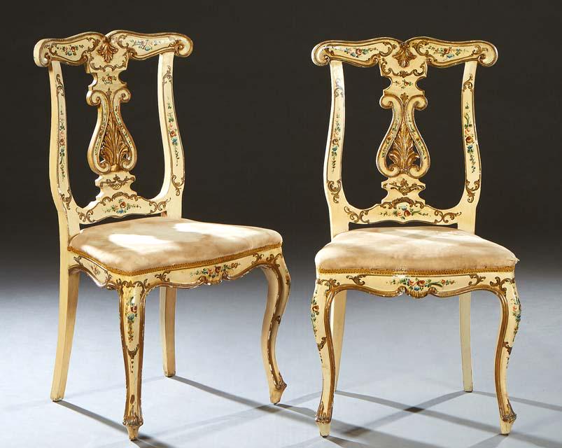 Pair of French Louis XV Style Gilt and Paint Decorated Side Chairs, late 19th c., the serpentine (1 of 1)