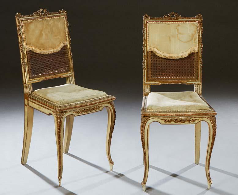 Pair of French Louis XV Style Gilt and Polychromed Ballroom Chairs, late 19th c., the wreath and (1 of 1)