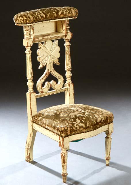 French Provincial Carved Polychromed Beech Louis XVI Style Prie Dieu, late 19th c., the upholstered: French Provincial Carved Polychromed Beech Louis XVI Style Prie Dieu, late 19th c., the upholstered arm rest over open storage above a pierced vertical splat flanked by turned reeded supports to a bow