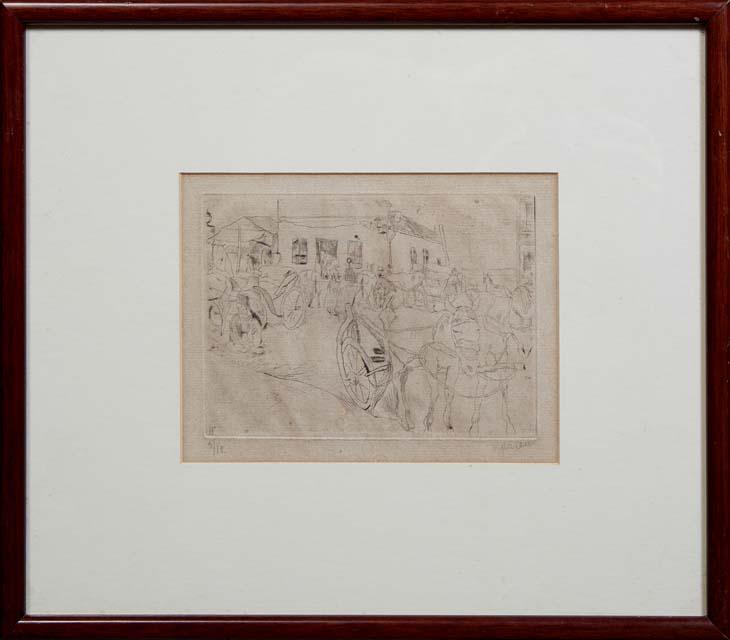 Jules Pascin (1885-1930, New York/France), "The Horse Carriage Yard," early 20th c., etching, (1 of 5)
