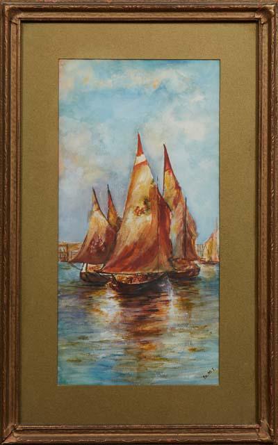 S.M.I., "Sailboats Near the Harbor," early 20th c., watercolor on paper, initialed lower right, (1 of 4)