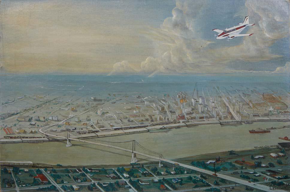Max Logsdon (American), "View of New Orleans and the Mississippi River," 1964, oil on canvas board,: Max Logsdon (American), "View of New Orleans and the Mississippi River," 1964, oil on canvas board, signed and dated lower right, unframed, H.- 20 in., W.- 30 in. NOTE: this painting depicts New Orlea